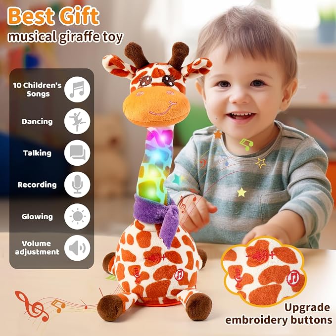 Dancing Talking Giraffe Toy for Baby Toddler, Dancing Giraffe Toy Singing Mimicking Recording Repeating What You Say with LED English Sing for Boys Girls Gift, 15 Second Recorde(Adjustable Volume)