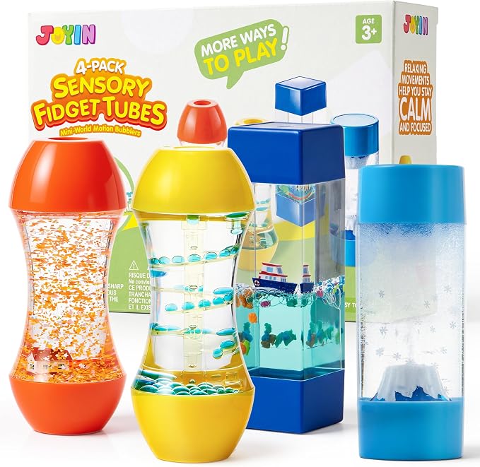 JOYIN 4-Pack Mini-World Fidget Tubes for Kids, Sensory Toys for Kids with Autism, Stress Relief Sensory Tubes, Preschool Toys for Toddlers, Toy for Autistic Kids 3-5, Birthday Gifts for Boys & Girls