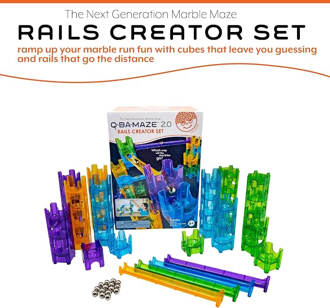 MindWare Q-BA-Maze Rails Creator Set The Next Generation Marble Maze Kids Toys - STEM Marble Run - Recommended for Ages 6+ - Educational Gift for Boys and Girls