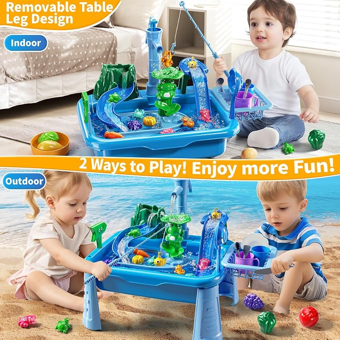 Water Table Play Sink Toy for Kids 2 3 4 5 6 Years Old - Outdoor Kitchen with Running Water, Fishing Games, Toddler Water Play Table for Kids Ages 3-8, Beach Outdoor Toys, Birthday Gifts 2+ 3-5 (Blue)