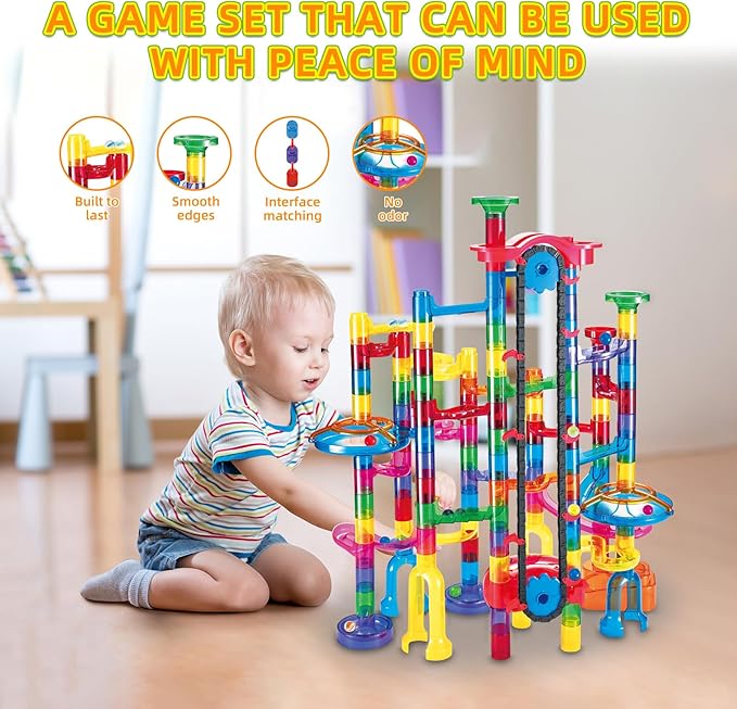 Tucrae 224 PCS Marble Runs Toys with Automatic Elevator Glowing Marble Maze Building Set STEM Puzzle Toys for 3 4 5+ Boys & Girls Children's Day, Christmas Easter Gifts(Containing 60 Marbles)