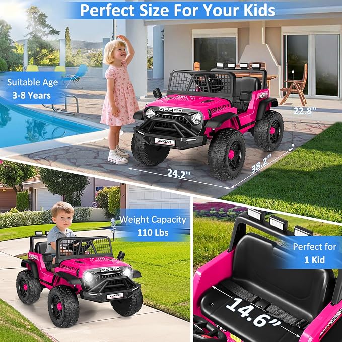 Hikole 24V Ride On Toys for Big Kids, 24V Power Wheels Truck with Remote Control, 3 Speed, Bluetooth, Music, Soft Start, Spring Suspension, LED Light, Electric Cars for Kids Boys Girls 3-5, Pink