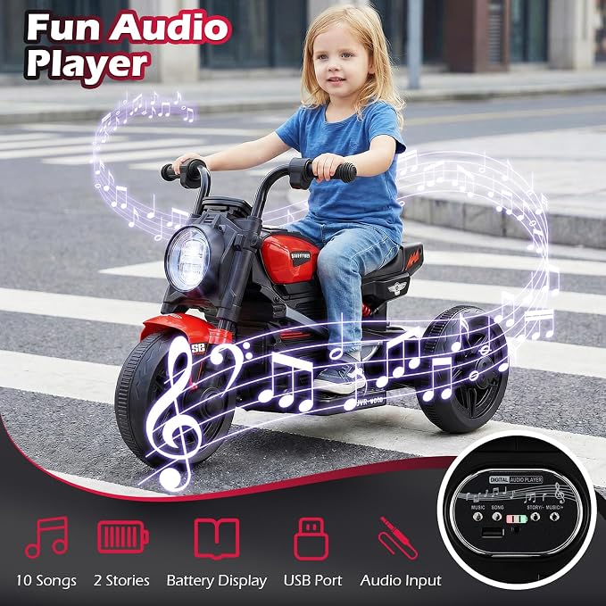 Costzon Toddler Motorcycle, 6V Chopper Kids Motorcycle Ride On Toy with LED Headlight, Music, Story, 3-Wheel Stable Electric Motorbike for Toddlers Boys Girls (Red, 31" x 18.5" x 19.5"(L x W x H))
