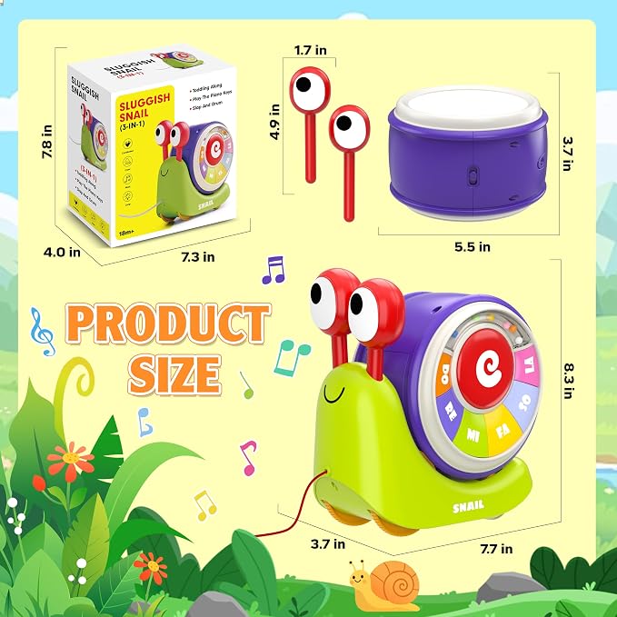 3 in 1 Pull Along Snail Toddler Toys, Baby Piano and Light Up Toddler Drum Set Early Learning Toys Toddler Gifts for Boys Girls, Baby Toys Musical Toys for Toddlers 1-3