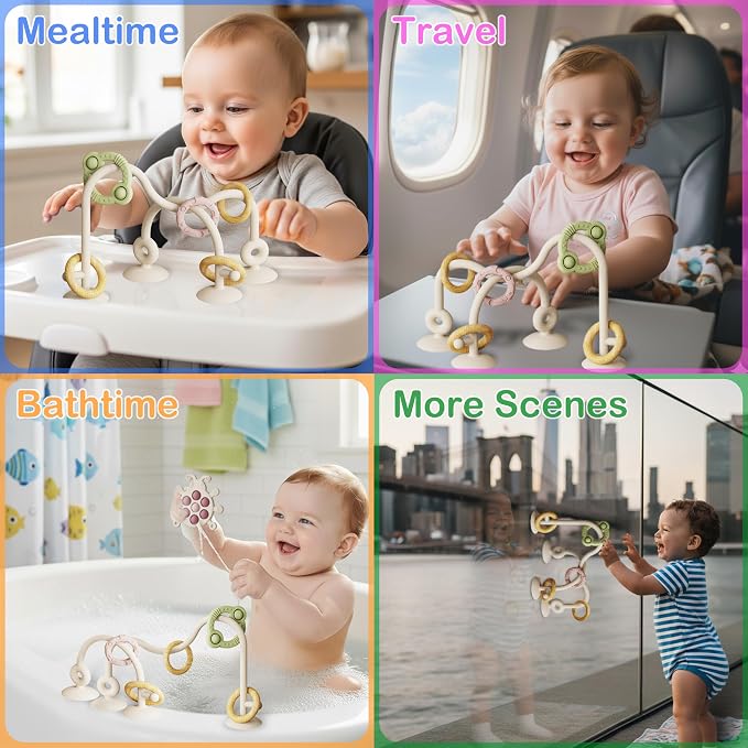 Baby Montessori Toy, High Chair Suction Cup Toy and Teething toy Set - Table Toy & Pop-it Fidget Teether for 6+ Months 1 2 3 Years, BPA Free Silicone Sensory Toys for Baby and Toddler (Beige)