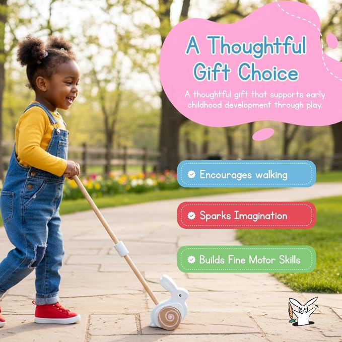 Bunny Push Toy by Jack Rabbit Creations- Wooden Push- Along Rabbit for Early Walking, Balance and Motor Skills Development- Eco-Friendly Montessori Toy for Toddlers & Babies Ages 1+