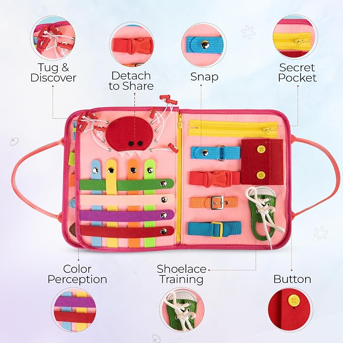 Montessori Busy Board Book, Toddlers, Sensory Activities and Preschool Learning - Toy for Home, Airplane and Car Travel (Pink)