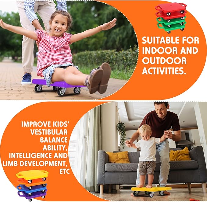 Jerify 8 Pieces Sports Scooter Board Sitting Scooter Board for Kids Plastic Floor with Non-Marring Plastic Casters, Physical Education for Home School Play Equipment