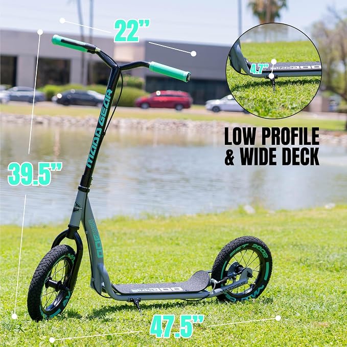 Large Kick Scooter for Adults, Teens & Kids 8-12 with Kickstand – 12" Air-Filled Tires, Wide Deck, Lightweight Steel Frame – Madd Gear Metro Urban Glide 300