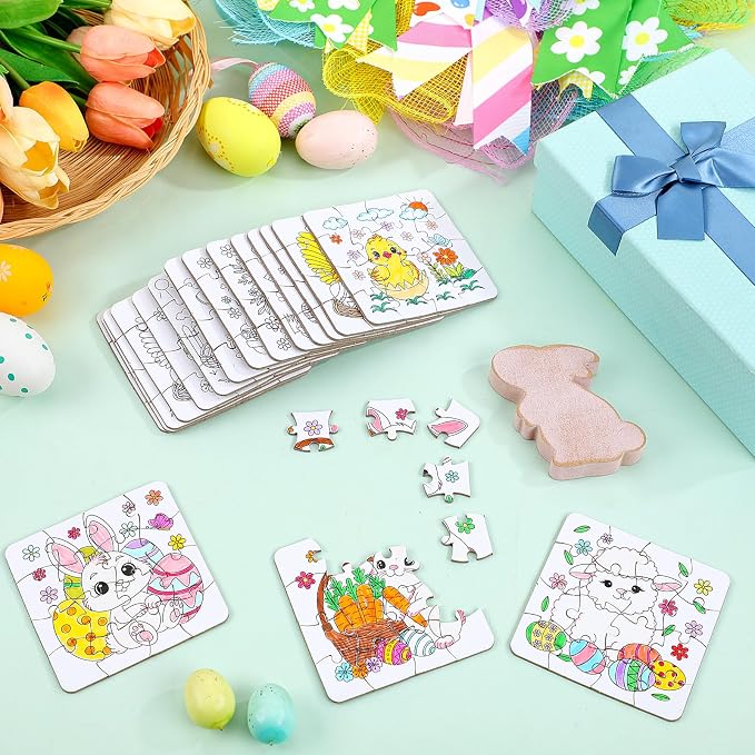 Realspring 24 Pack Color Your Own Jigsaw Puzzles for Kids Coloring Puzzles DIY Paper Jigsaw Bulk Party Favors Gifts Exchange Classroom Activities Home Educational Game Toy (Bunny)