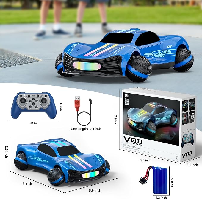 Remote Control Car for Kids, RC Stunt Car with Drift Wheels, 360° Spins & Flips, 2.4GHz Rechargeable Toy Car with LED Lights, Indoor Outdoor Gift for Boys Girls Ages 6-12