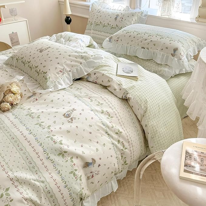 LifeTB Botanical Floral Comforter Set Full Size Cute Flower Leaves Rabbit Pattern Comforter Reversible Green Plaid Comforter Girls Princess Bedding Set Lace Ruffle Comforter Set for Kids Teen Girls
