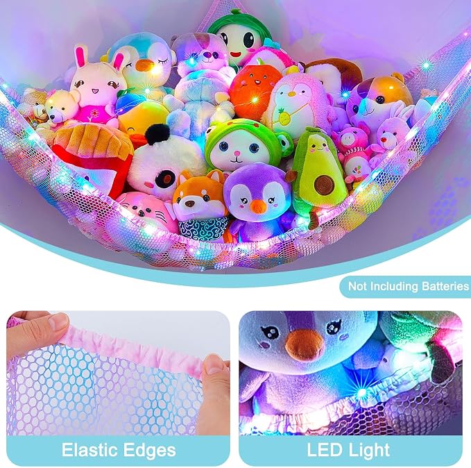 Unicorn Castle Stuffed Animals Net or Hammock Kids Toy Storage Organizer with LED Light Hanging Corner Stuffed Animals Holder Kids Girls Room Decor,Blue-Purple,Large (Pack of 1)