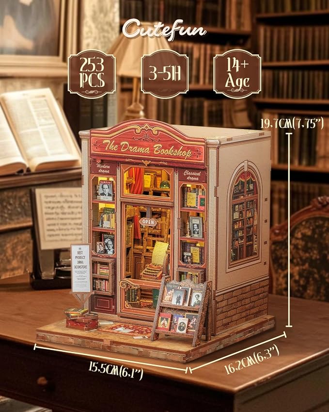 Cutefun Book Nook Kit - DIY Miniature Dollhouse Booknook Kit for Adults and Teens, 3D Wooden Puzzle Bookshelf Insert Decor with LED Light, Gifts for Family and Friends (The Drama Bookshop)