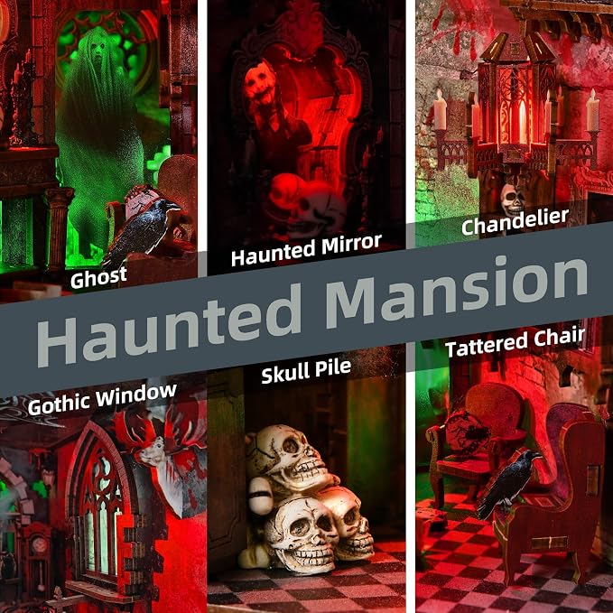 fifijoy Haunted House Halloween Book Nook Kit, Spooky Shelf Insert Bookshelf Diorama Horror Art Miniature Decor, Creepy Scary Wooden Puzzle Booknook (Haunted Mansion)