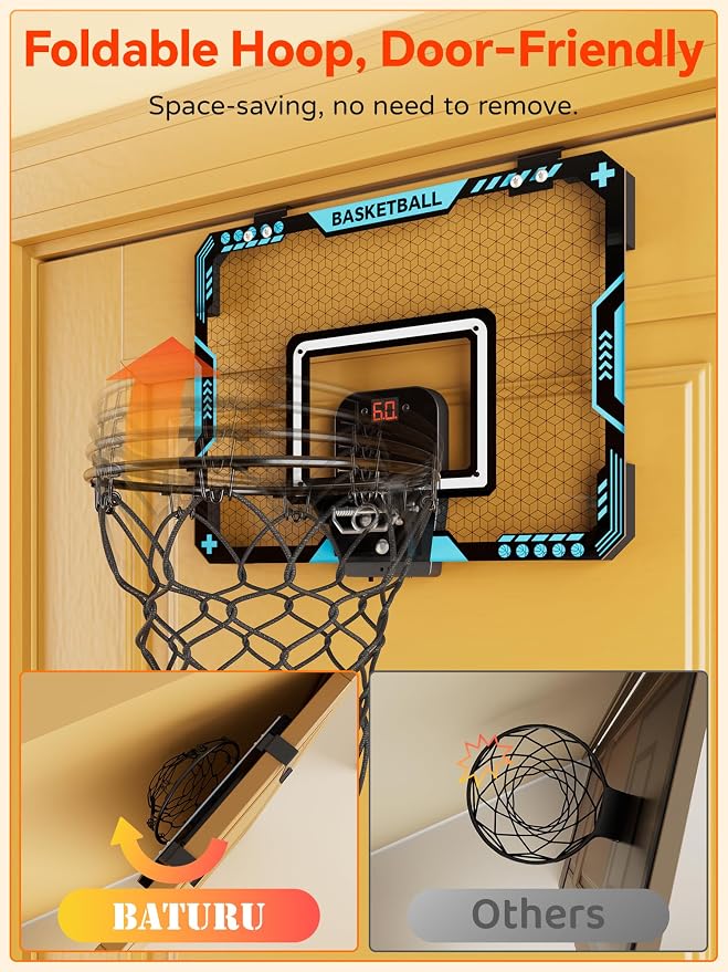 BATURU Over The Door Basketball Hoop for Kids – Indoor Basketball Toy with LED Scoreboard, Lights & Sound, Easy to Hang – Fun Gifts for Boys Ages 6–10