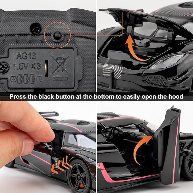 1:32 Scale Car Model Compatible for Collectible ONE1 Toy Vehicle, Zinc Alloy Pull Back Toy Car with Sound and Light for Kids Adults, Birthday Gift Black