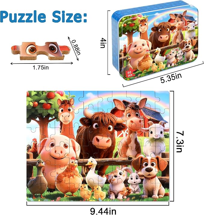 LELEMON Puzzles for Kids Ages 4-6,Farm 60 Piece Puzzles for Kids Ages 6-8 in a Metal Box,Children Jigsaw Puzzles Kids Puzzles,Educational Learning Puzzle Toys for Girls and Boys