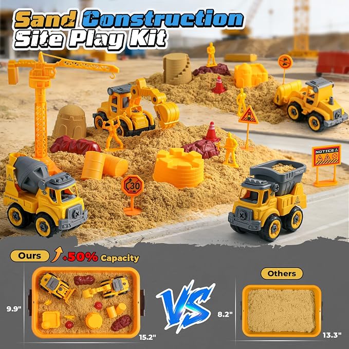 OENUX Play Sand Construction Set, Beach Building Castle Kit w/ 2.2lbs Play Sand, 4 Take Apart Construction Trucks Toys and Signs, Sensory Sandbox with Cover for Boy Girl Kid Toddlers Age 3-8