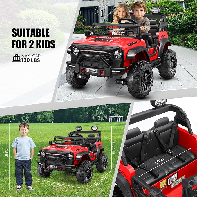 Hikole 2 Seater Ride on Car with Remote Control,24V Battery Powered Electric Truck for Kids,4x100W Motor,LED Headlights,Music Player,Ride on Toy for Big Kids, Red