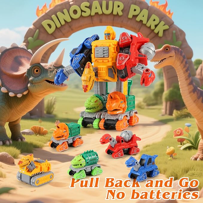Dinosaur Toys for 3 4 5 6 Year Old Boys– 5-in-1 Detachable Construction Vehicles Set–Transform Robot Kids Toys Cars– Easy DIY Toys for Ages 5+ – Gifts for Boys Girls Birthday Christmas Easter