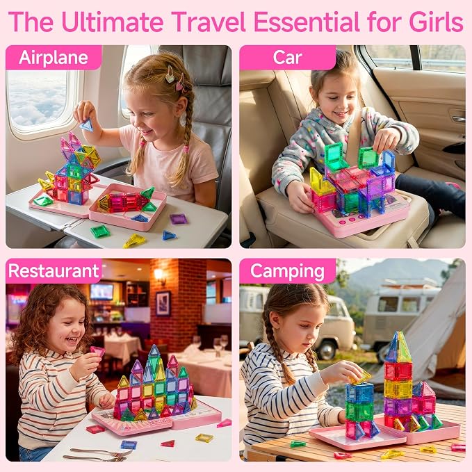 Mini Magnetic Tiles for Girls Travel: 60 PCS Pink Magnet Building Blocks in Tin Box to Stop Crying - 60 Mins Quiet Play 30s Cleanup Toy - Car Airplane Essentials Ages 3-8