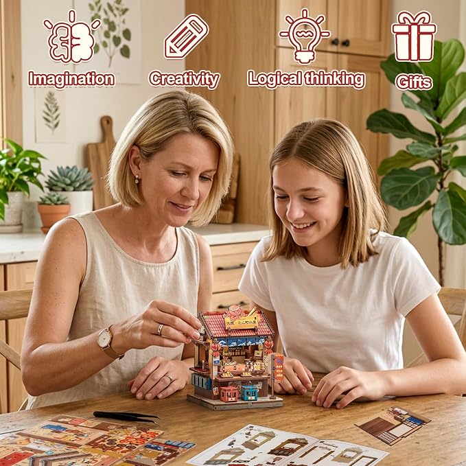 Cutefun DIY Miniature House Kit, 146 Pcs 3D Wooden Puzzle Tiny House Mini House Building Kit for Beginners & Teens – Palm-Sized DIY Japanese Booknook Dollhouse for Bookshelf Decor (Osaka Takoyaki)