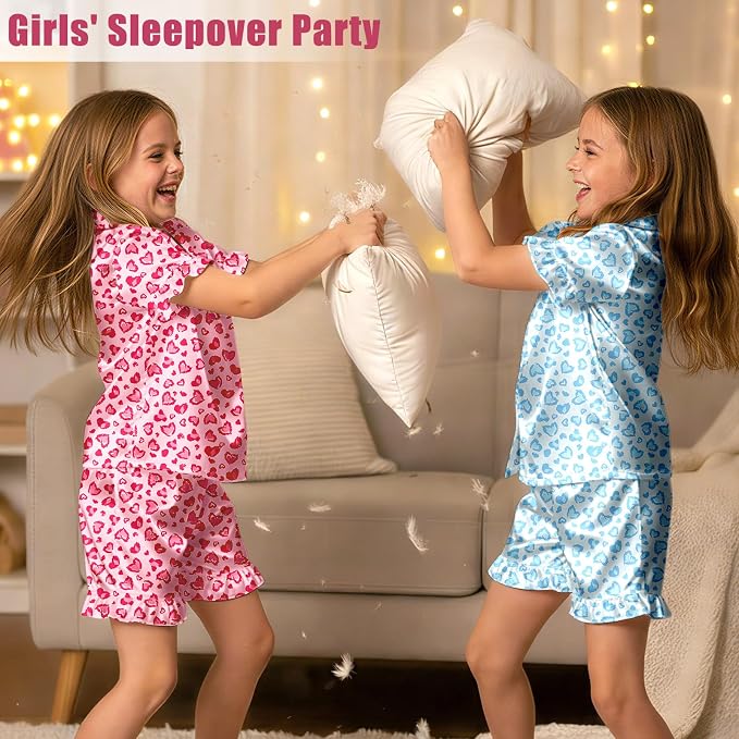 ICOSY Matching Doll & Girls Silk Pajamas Satin Pjs for Girls Button-Down Top and Shorts for 18" Doll Girl Clothes
