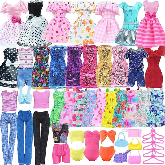 Doll Clothes 21Pcs Including 3 Fashion Dresses 5 Daily Slip Dresses 2 Casual Tops and Pants Outfits 2 Sequins Dress 1 Swimsuit 3 Bags 5 Hangers Accessories for 11.5 inch Girl Doll