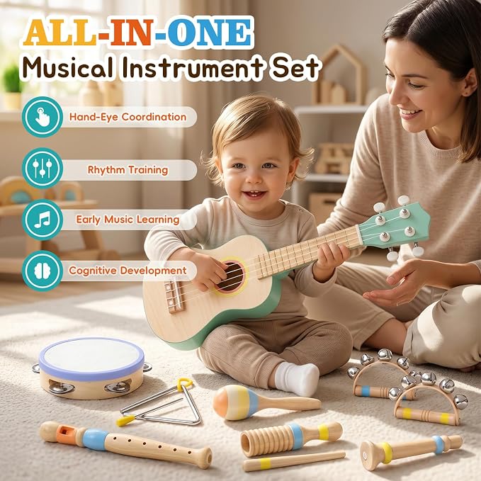 Kids Guitar Set for Toddlers 1-3, 8 in 1 Wooden Montessori Musical Instruments Set with Ukulele, Tambourine, Maracas, Flute, Educational Music Toys, Preschool Learning Toy Gift for Boys Girls