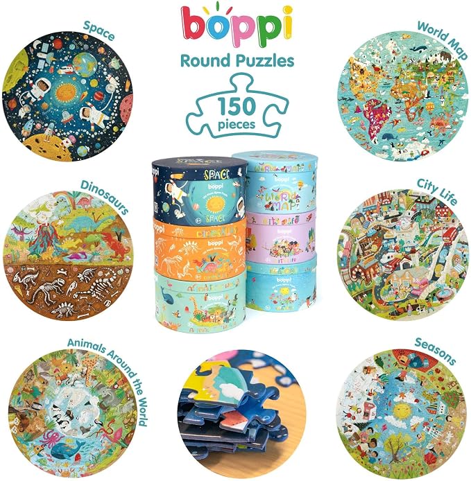 boppi Round 150 Piece Jigsaw for Kids Aged 5-8 | Educational Animals Around the World Puzzle with Continents & Animal Habitats | Eco-Friendly Recycled Cardboard