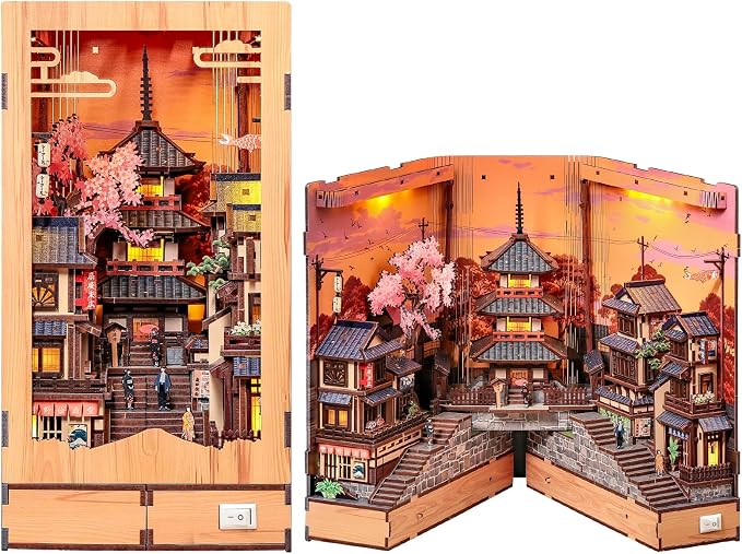 CUTEBEE Book Nook Kit Sakura Wine Alley, 3D Wooden Puzzle Booknook for Adults,LED Bookshelf Decor,DIY Miniature Dollhouse Bookend, Crafts Gifts for Adults, Teens & Book Lovers (Twilight Sakura Path)