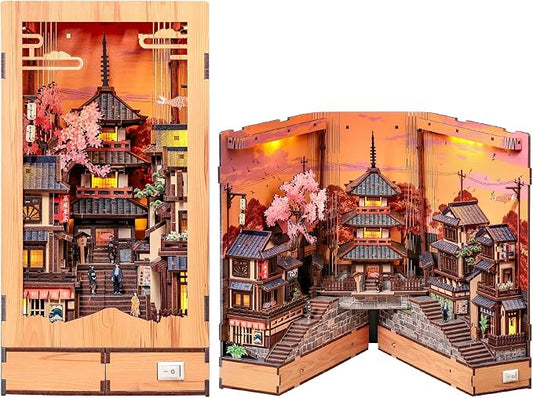 CUTEBEE Book Nook Kit Sakura Wine Alley, 3D Wooden Puzzle Booknook for Adults,LED Bookshelf Decor,DIY Miniature Dollhouse Bookend, Crafts Gifts for Adults, Teens & Book Lovers (Twilight Sakura Path)
