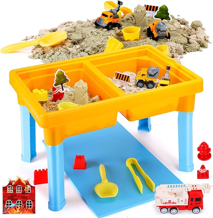 Carolart Construction Water & Sand Table, 2 in 1 Sensory Table Gift | Construction Firefighting Sensory Table with Lid, Standing Sensory Bin with Sensory Sand, Indoor Outdoor Kit for toddlers