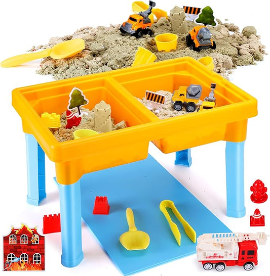 Carolart Construction Water & Sand Table, 2 in 1 Sensory Table Gift | Construction Firefighting Sensory Table with Lid, Standing Sensory Bin with Sensory Sand, Indoor Outdoor Kit for toddlers