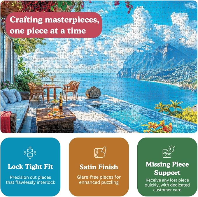 Cross & Glory - Patio by the Sea - 1000 Piece Jigsaw Puzzle for Adults | Serene Coastal Patio and Ocean View Puzzle | Challenging Puzzle for Adults | Eco-Friendly Materials