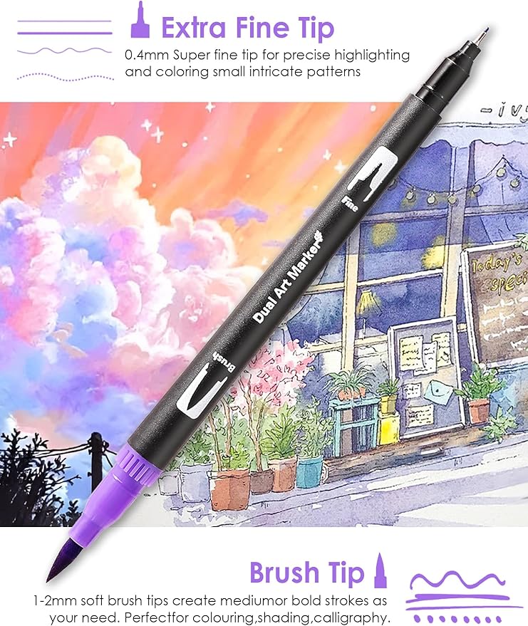 TOSHARE 60 Colors Brush & Fine Dual Tip Watercolor Markers for Adult Coloring Books No Bleeding Paint Pens For Drawing Note Taking Planner Calligraphy Journaling Card Making Back-to-School Supplies