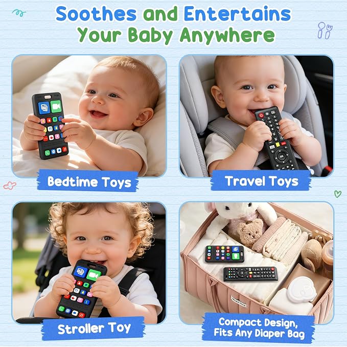 2 Pack Baby Teething Toys 3-6 6-12 Months, BPA Free Silicone Phone and TV Remote Teether Toys for Baby 12-18 Months, Baby Chew Toys for Teething Relief, Newborn Shower Gifts for Boys Girls