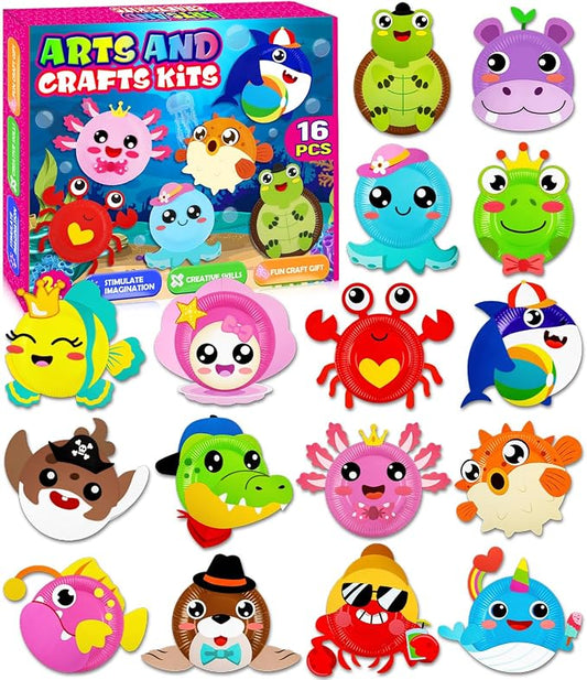 16 Pack Arts and Crafts for Kids, Toddler Crafts Animal Paper Plate Art Kit Gift for 3 4 5 6 Year Old Boys Girls DIY Kids for Birthday Party Favor Preschool Classroom Party Games