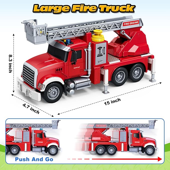 Kids Toys for 3 4 5 6 7 8 Years Old Boys, 15" Large Fire Truck Toy, Friction Powered Fire Rescue Truck Vehicle Toy with Lights and Sirens Sounds, Water Pump, Ladder, Birthday Gifts for Boys Girls