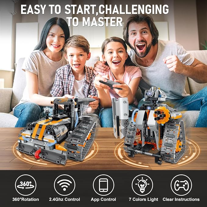 5 in 1 STEM Building Set with LED Light, APP & Remote Controlled Cars Building Toys Kit, RC Robot Tank Sleigh Tracked Racer 554 PCS, Toy Gifts for Kids Boys Girls Ages 6 7 8 9 10 11 12+ Year