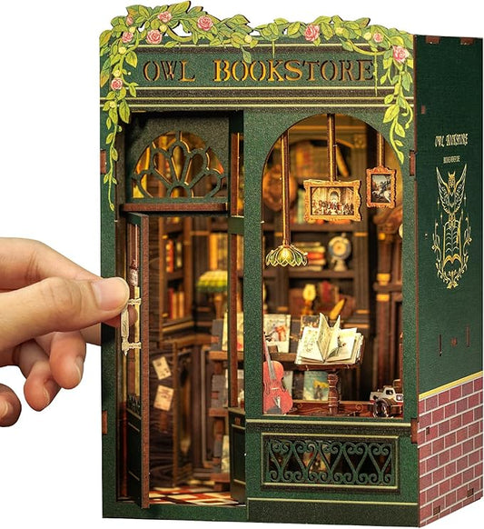 CUTEBEE Book Nook Kit, DIY Miniature House Kits for Adult and Teens, Bookend Diorama with LED, 3D Wooden Puzzle, Mini Booknook Bookshelf Insert Decor, Crafts Hobbies Gifts for Adults（Owl Bookstore