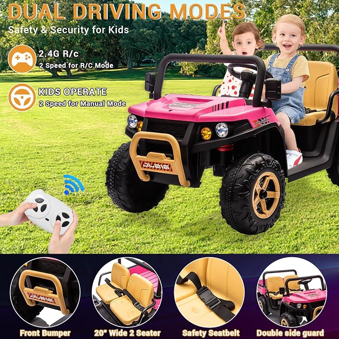 Hetoy 2 Seater Ride on Dump Truck, 24V Electric Vehicle Toys for Kids with Remote Control, Ride on Car with Electric Dump Bed, Toy Shovel, Music, LED Headlights & Spring Suspension- Ages 3+