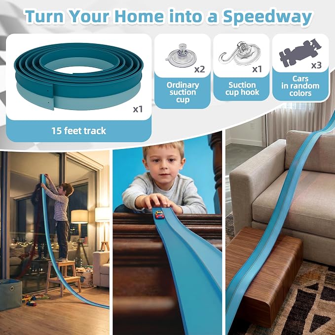 Flexible Race Car Track for Kids, 15 Ft Bendable Track with 3 Cars & 3 Suction Cups, Compatible with 1:64 Diecast Cars, Window & Tile Racing Toy for Toddlers Ages 3+, Green