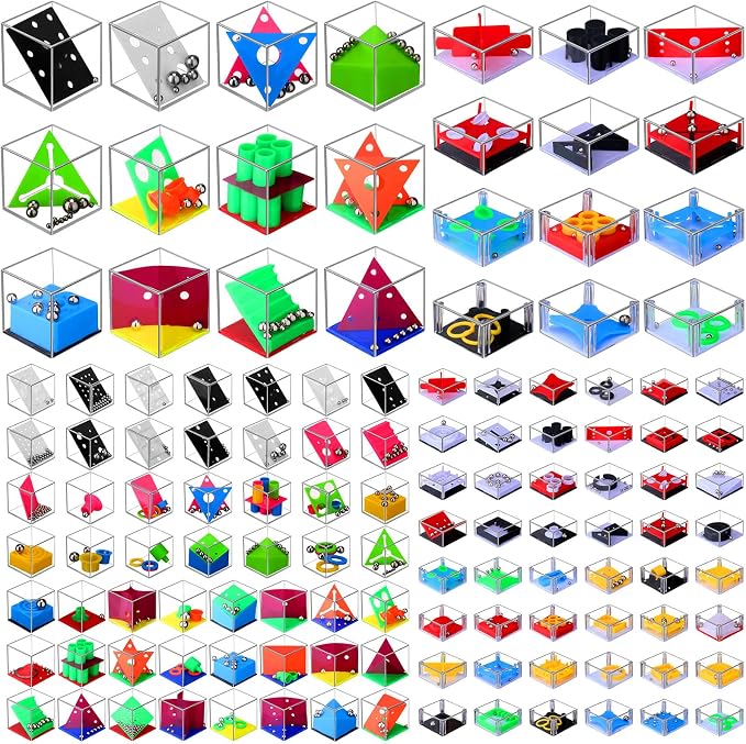 RoundFunny 100 Pcs Brain Teaser Puzzle Cubes Mini Puzzle Party Favor Mini Games Cubes Box Bulk for Kids Stocking Goodie Bag Stuffers for Maze Games Classroom Prizes Gifts