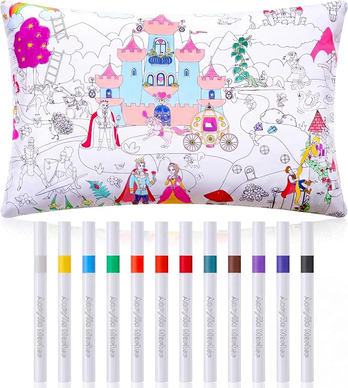 Mindsoft Coloring Craft Coloring Pillowcase Pillow Covers with 12 Pcs Markers Pens for Decoration Supplies Craft, 28.7 x 19.7 Inch (Fairy Tale)