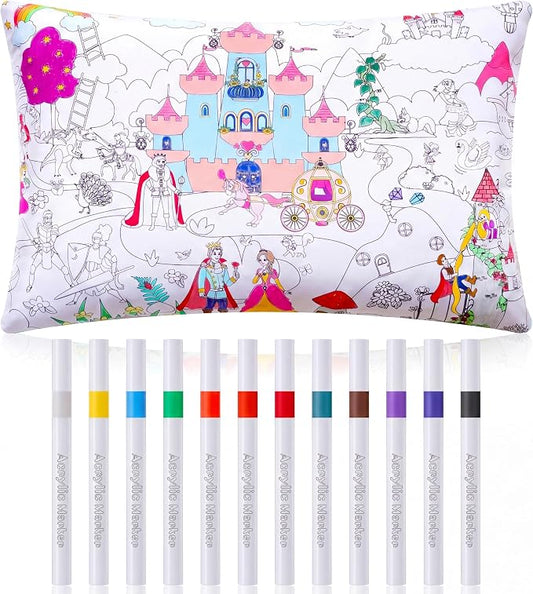 Mindsoft Coloring Craft Coloring Pillowcase Pillow Covers with 12 Pcs Markers Pens for Decoration Supplies Craft, 28.7 x 19.7 Inch (Fairy Tale)