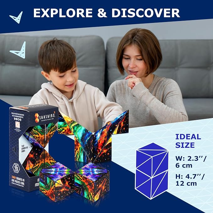 Shashibo Sensory Fidget Toy for Adults & Kids, Stress Relief Fidget Toy for Adults, Teens & Kids, Cool Fidget Toys for Desk, Classroom Must Have, Sensory Shape Shifting Cube, 100+ Possible Shapes