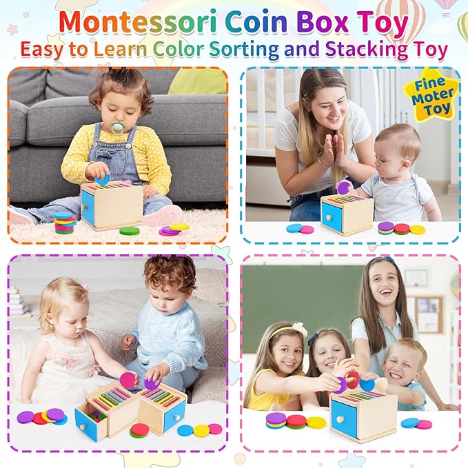 FCSONU Toddlers Montessori Coin Box Toys for 1 2 3 Year Old Boys Girls, Drawer Box Toy for Ages 2-4 Kids, Learning Color Sorting Sensory Toys, Easter Birthday Gifts for Baby 12-18 Months