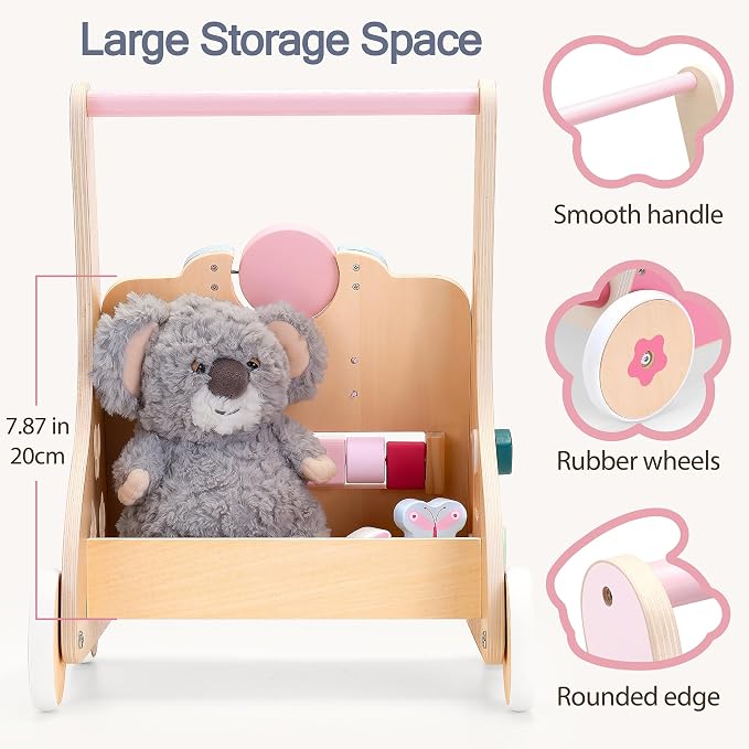 PairPear Wooden Baby Walker, Baby Push Walker Toys Activity Center | Wild - Base Montessori Walker Toys Gift for Girls Boys 1 Year Old Leaning to Walk